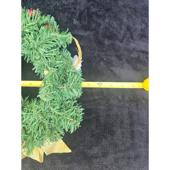 Holiday Wreath 12" Artificial Evergreen Red Flowers Gold Ribbon Door Decor - Picture 3 of 3